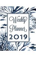 Weekly Planner 2019: 12 Month Planner: Month View and Weekly Breakdown: Calendar Schedule Organizer and Journal Notebook (8x10 inches, 139 pages)(Pretty Blue Sea Coral Planners)