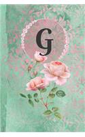 Personalized Monogrammed Letter G Journal: White Paper with Green and Pink Damask Lace with Roses on Glossy Cover