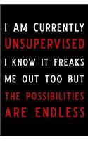 I Am Currently Unsupervised I Know It Freaks Me Out Too But the Possibilities Are Endless: Blank Lined Journal Notebook Funny Notebook, Notebook, Ruled, Writing Book, Sarcastic Gag Journal
