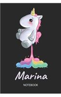 Marina - Notebook: Blank Lined Personalized & Customized Name Rainbow Farting Unicorn School Notebook / Journal for Girls & Women. Funny Unicorn Desk Accessories for K
