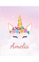 Amelia: Personalized Unicorn Sketchbook For Girls With Pink Name - Girls Customized Personal journal/ blank book - 8.5x11 110 Pages Doodle Sketch Create- cu