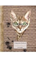 Composition Book - Dot Grid Paper: Cute Cat with Glasses and Grunge Background