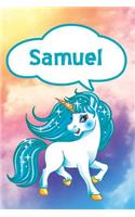 Samuel: Personalized Unicorn Handwriting Practice Paper for Kids Notebook with Dotted Lined Sheets for K-3 Students Featuring 120 Lined Pages 6x9