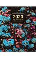 2020 Planner Weekly And Monthly: 2020 Agenda Organizer Calendar - Cute Blue Roses On Black - Chic Floral Pattern Agenda