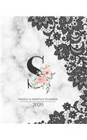Weekly & Monthly Planner 2020 S: Black Lace Marble Monogram Letter S with Pink Flowers (7.5 x 9.25 in) Horizontal at a glance Personalized Planner for Women Moms Girls and School