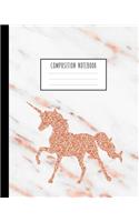 Composition Notebook: Rose Gold Unicorn White Grey Marble and Rose Gold Wide Ruled Line Pages, Writing Notes Journal for Girls, Kids, School, Students and Teachers (8 x 1