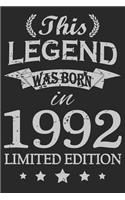 This Legend Was Born In 1992: Blank Lined Journal, Happy Birthday Sketchbook, Notebook, Diary Perfect Gift For 27 Year Old Boys And Girls