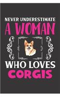 Never Underestimate A Woman Who Loves Corgis: Corgis Lovers Girl Women Dot Grid Journal Notebook 6x9 120 Pages