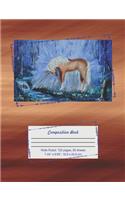 Composition Book: Paperback Wide Ruled Lined Blank Notebook for School or Personal Use. Mythology Themed Cover with Painted Unicorn in Forest on Creek.