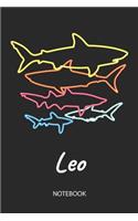 Leo - Notebook: Blank Lined Personalized & Customized Name 80s Neon Retro Shark Notebook Journal for Men & Boys. Funny Sharks Desk Accessories Item for 1st Grade / 