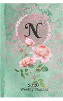 Plan On It 2020 Weekly Calendar Planner 15 Month Pocket Appointment Notebook - Monogram Letter N: January 2020 thru March 2021 Dated Agenda Notebook - Green and Pink Damask Lace with Roses