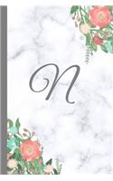 N: Letter N Monogram Floral Marble Journal, Pretty Pink Flowers on Elegant White & Grey Marble Notebook Cover, Stylish Gray Personal Name Initial, 6x9 