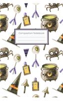 Composition Notebook: 6"x9" Wide Ruled Line Paper Notebook, Lined Notebook - Halloween, Watercolor, Magic, Spell, Witchcraft, Witch's hat, Witch's pot, Spiders, Eyeballs,