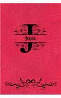 Split Letter Personalized Name Journal - Joyce: Elegant Flourish Capital Letter on Red Leather Look Background