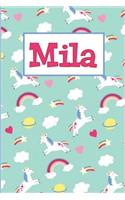 Mila: Personalized Named Unicorn Journal Notebook Pretty Magical Rainbows & Hearts Cover for Women and Girls Lined Pages