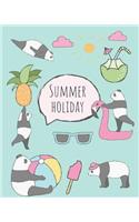 Summer Holiday.: Cute cartoon panda notebook, notepad journal or blank book. Summer fun holidays theme. Adorable cool hand drawn panda illustrations featuring pandas