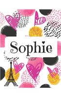 Sophie: Journal de nom personnalisé Carnet de nom personnalisé Conception de coeurs et de cercles Couleurs roses et noires