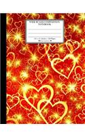 Wide Ruled Composition Notebook. 8.5" x 11". 120 Pages. Heart and Love: Bright Stars Love Hearts Pattern On Red Background Cover. Notebook Composition Book Wide Ruled for Kids, girls, boys, school, students, teachers. El