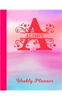 Alison Weekly Planner: 2 Year Personalized Letter A Appointment Book January 2019 - December 2020 Glossy Pink & Blue Watercolor Cover Writing Notebook & Diary Datebook Cal