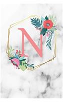N: Monogramm Buchstabe N 120 Seiten DIN A5 Notizbuch Marmor Gold Weiß personalisiert Name farbige Blumen Initial Tagebuch für Frauen und Mädchen