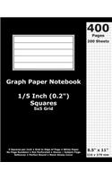 Graph Paper Notebook: 0.2 Inch (1/5 in) Squares; 8.5" x 11"; 21.6 cm x 27.9 cm; 400 Pages; 200 Sheets; 5x5 Quad Ruled Grid; White Paper; Black Glossy Cover; Journal