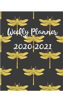 Weekly Planner 2020-2021: 2 Year Calendar, Weekly and Daily Planner for Two Years - Black & Gold Dragonfly Pattern