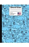 Composition Notebook Wide Ruled: Whales & Hammerhead Shark Blue Back to School Composition Book for Teachers, Students, Kids and Teens