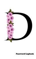 D Password Logbook: Large Print Password Book, Cute white cover with name letter monogram cherry blossom, 6" x 9" 6x9 password organizer, glossy cover, 110 pages, handy