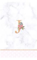 J: Rose Gold Letter J Monogram Floral Journal, Pink Flowers on White Marble, Personal Name Initial Personalized Journal, 6x9 Inch Blank Lined College R