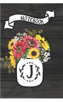 Notebook J: Rustic Sunflower Monogram Initial J Journal: Blank Lined and Dot Grid Paper Interior Pages: Small Purse-Sized Notebook