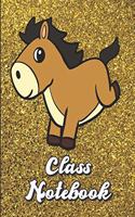 Class Notebook: Cute Jumping Brown Horse Character Gold Glitter Print Effect Background, Large Lined Notebook For Homewook, Studying, Class, Note Taking and more.