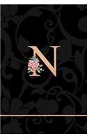 N: Letter N Monogram Floral Journal, Pink Flowers on Elegant Black, Personal Name Initial Personalized Journal, 6x9 Inch Blank Lined College Ruled Note