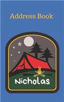 Nicholas: Personalized Address Book for Kids who Love Camping and Summer Camp(15 Organized Contact Information)