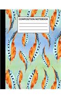 Composition Notebook: Green and Blue Bohemian Feather Pattern Wide Ruled Lined Note Book - Pretty Boho Chic Journal with Lines for Kids, Teens, Students or Teachers to Wr