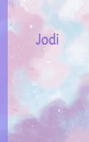 Jodi: Personalized Composition Notebook - College Ruled (Lined) Exercise Book for School Notes, Assignments, Homework, Essay Writing. Purple Pink Blue Cov