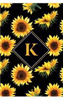 K: Letter K Monogram Journal - Black & Yellow Sunflower Personalized Gifts, 120 Page, 6x9 Notebook Gift For Sunflower Lovers