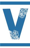 V: Initial V Monogram Notebook Journal Gift Blue Floral design