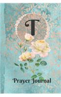Letter T Personalized Monogram Praise and Worship Prayer Journal: Religious Devotional Sermon Bible Study Notebook in Blue and Peach Damask Lace with Yellow Roses