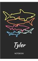 Tyler - Notebook: Blank Lined Personalized & Customized Name 80s Neon Retro Shark Notebook Journal for Men & Boys. Funny Sharks Desk Accessories Item for 1st Grade / 