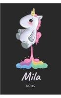 Mila - Notes: Noms Personnalisé Carnet de notes / Journal pour les filles et les femmes. Kawaii Licorne pétant arc-en-ciel. Accessoires de licorne amusants et fou