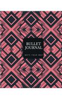 90 Days Blank Bullet Journal, Dated Notebook 8x10 150 P, Ethnic Red Pink Black Pattern: Large Quarterly Bullet Journal Blank Pages with Number