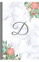 D: Letter D Monogram Floral Marble Journal, Pretty Pink Flowers on Elegant White & Grey Marble Notebook Cover, Stylish Gray Personal Name Initial, 6x9 