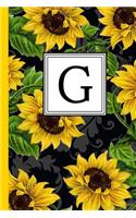 G: Floral Letter G Monogram Personalized Journal, Black & Yellow Sunflower Pattern Monogrammed Notebook, Lined 6x9 Inch College Ruled 120 Page Perfect 