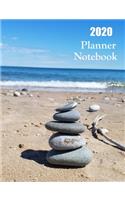 2020 Planner Notebook: Calming Beach Stacked Rocks Planner Book With Monthly and Weekly Calendars, Monthly Habit Tracker, Vision Board and Brain Dump Sheets