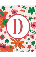 D: Blank Line Monogram Initial Pink Floral Notebook (8.5 X 11 - 110 Pages)
