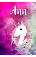 Ann: Cute Unicorn Notebook Writing Journal for Girls, Personalized With Name, Personalized Writing Journal, Notebook for Women and Girls, Personalized No