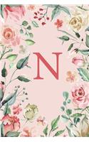 N: Floral Pink and White Roses and Peonies Monogram Sketchbook - 110 Sketchbook Pages (6 x 9) - Floral Watercolor Monogram Sketch Notebook - Personaliz