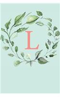 L: A Soft Mint Green Floral Wreath Monogram Sketchbook - 110 Sketchbook Pages (6 x 9) - Floral Watercolor Monogram Sketch Notebook - Personalized Initi