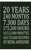 20 Years 240 months 7300 Days 175.200 Hours 10.512.000 Minutes 630.720.000 Seconds Of Being Awesome