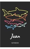 Juan - Notebook: Blank Lined Personalized & Customized Name 80s Neon Retro Shark Notebook Journal for Men & Boys. Funny Sharks Desk Accessories Item for 1st Grade / 